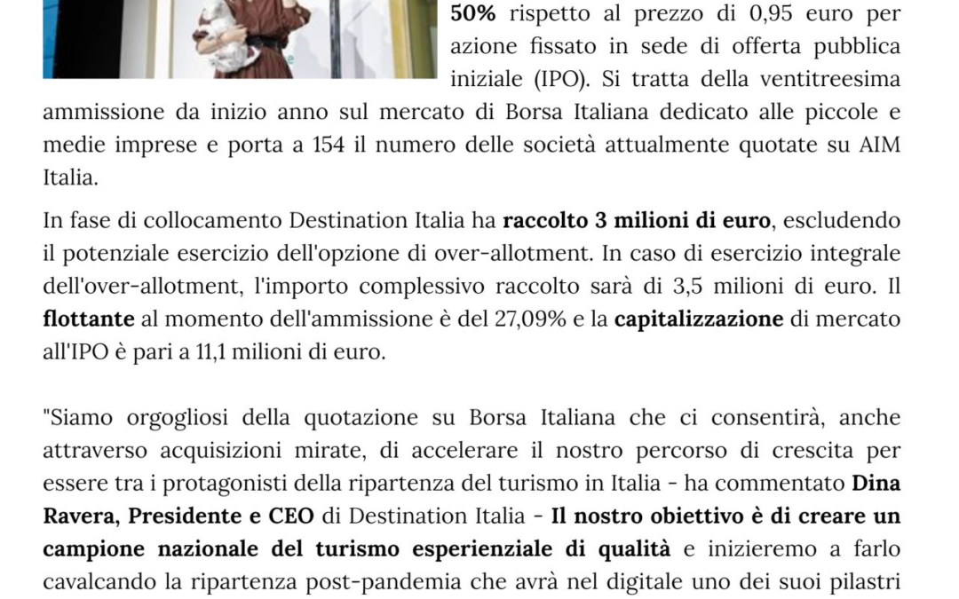 Destination Italia titolo fa +50%